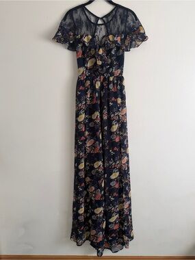 Floral Lace Yoke Navy Floral Maxi Dress